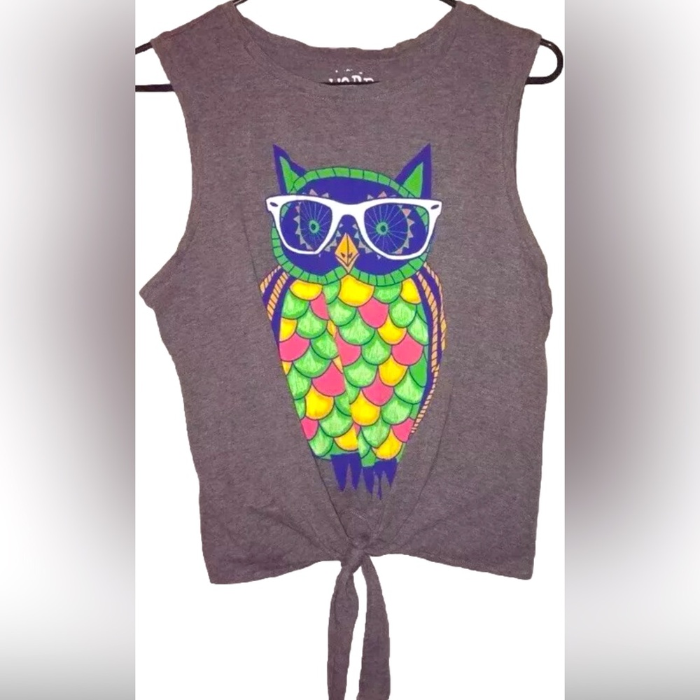 Owl print knot muscle tee top gray top sleeveless tee gray t shirt graphic tee
